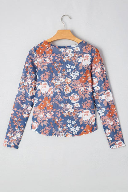 Floral Print Mesh Fitted Long Sleeve Top