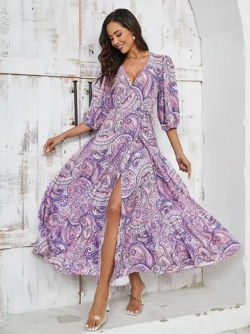 Elegant Floral Paisley Maxi Dress with Slit