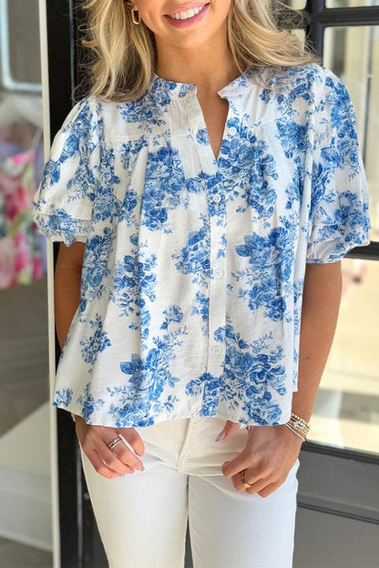Sky Blue Floral Print Puff Sleeve Pleated Shirt
