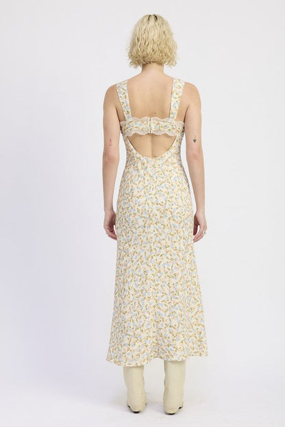 DITSY PRINT MIDI DRESS WITH CUTOUT AND LACE TRIM