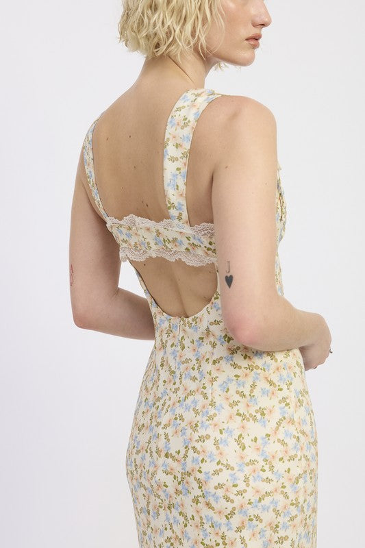 DITSY PRINT MIDI DRESS WITH CUTOUT AND LACE TRIM