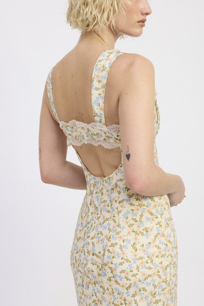 DITSY PRINT MIDI DRESS WITH CUTOUT AND LACE TRIM