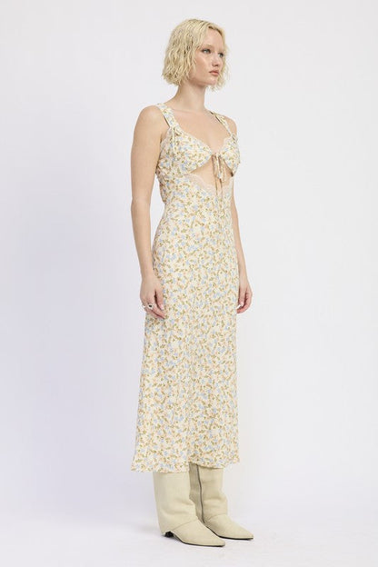 DITSY PRINT MIDI DRESS WITH CUTOUT AND LACE TRIM