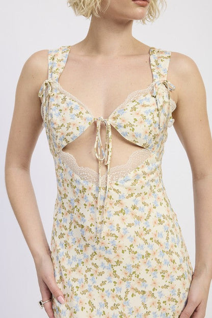DITSY PRINT MIDI DRESS WITH CUTOUT AND LACE TRIM