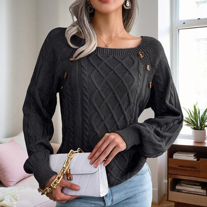 Women's Solid Color Casual Square Neck Button-Detail Knit Top - Textured Ribbed Pattern, Cozy Sweater