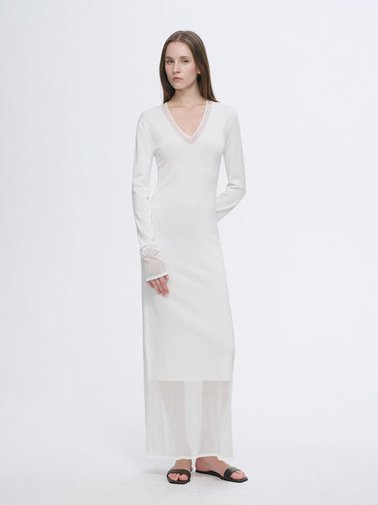 Virella Mesh‑Splice V‑Neck Dress