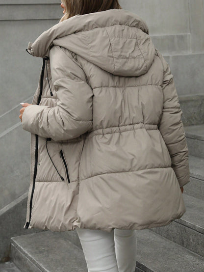 Casual Adjustable Waist Quilted Mid-Length Hooded Padded Padded Coat Clothes Winter For Women