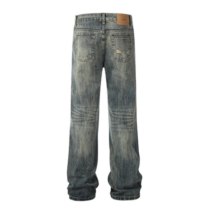 Washing Hole Denim Straight-leg Trousers Men