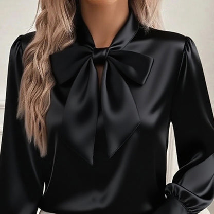 Women's Solid Color Satin Long Sleeve Casual Shirt With Bow Decor Blouse
