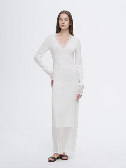 Virella Mesh‑Splice V‑Neck Dress
