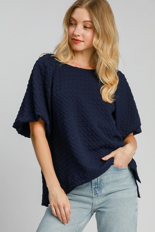 Umgee Full Size Boxy Cut Jacquard Round Neck Top with Side Slit Plus