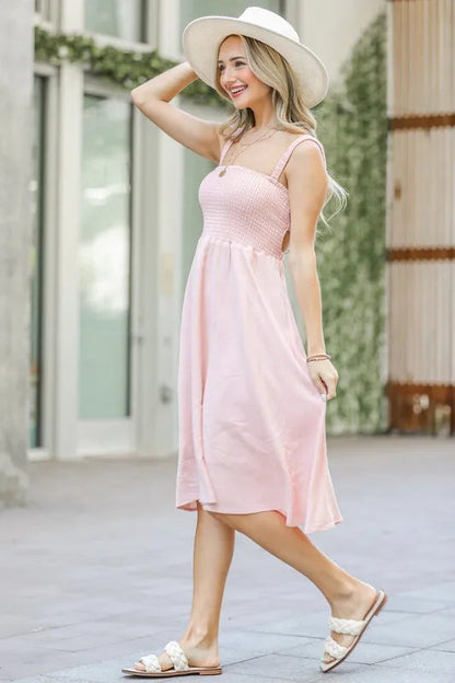 And The Why Smocking Open-Back Sleeveless Midi Dress