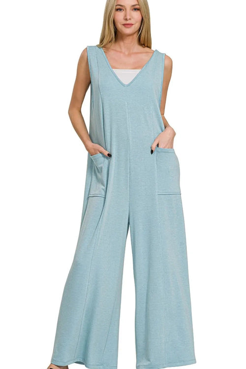 Zenana French Terry Deep V Neck Jumpsuits