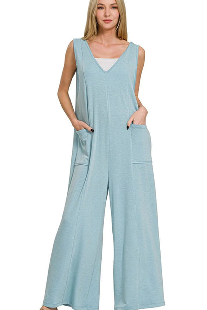 Zenana French Terry Deep V Neck Jumpsuits