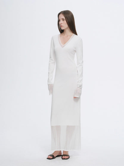 Virella Mesh‑Splice V‑Neck Dress