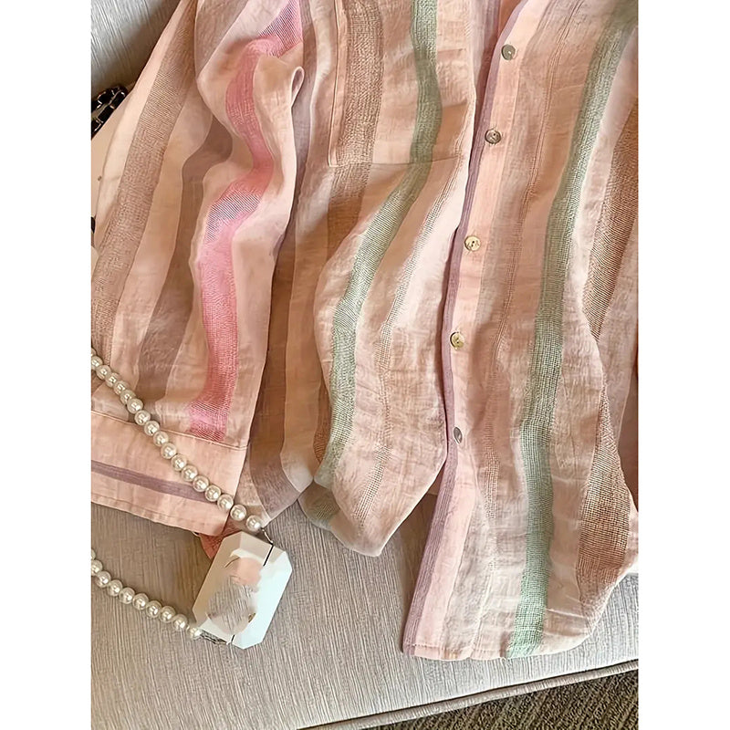Women's Button Down Shirts Stylish Striped Long Sleeve Collared Office Work Blouses Tops