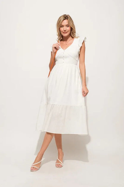 And The Why Ruffle Sleeve Front Smocked Tiered Midi Dress