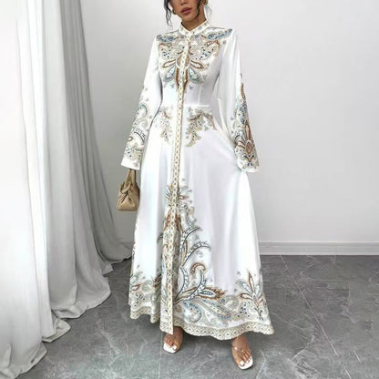 Elegant High-Neck Floral Maxi Dress - Long Flowy Sleeves, Modest A-Line Middle Eastern Style Gown Vacation & Party Dress For Women