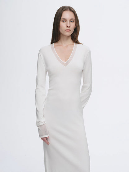 Virella Mesh‑Splice V‑Neck Dress