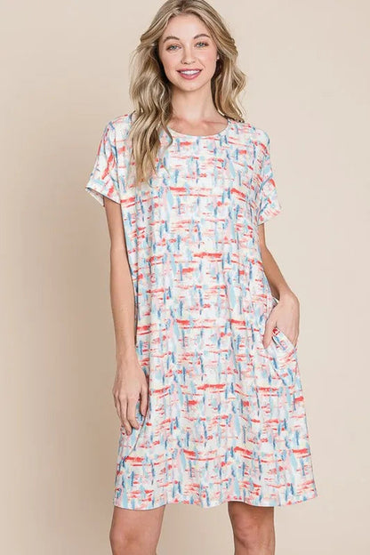 BOMBOM Printed Round Neck Short Sleeve Tee Dress