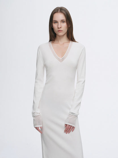 Virella Mesh‑Splice V‑Neck Dress