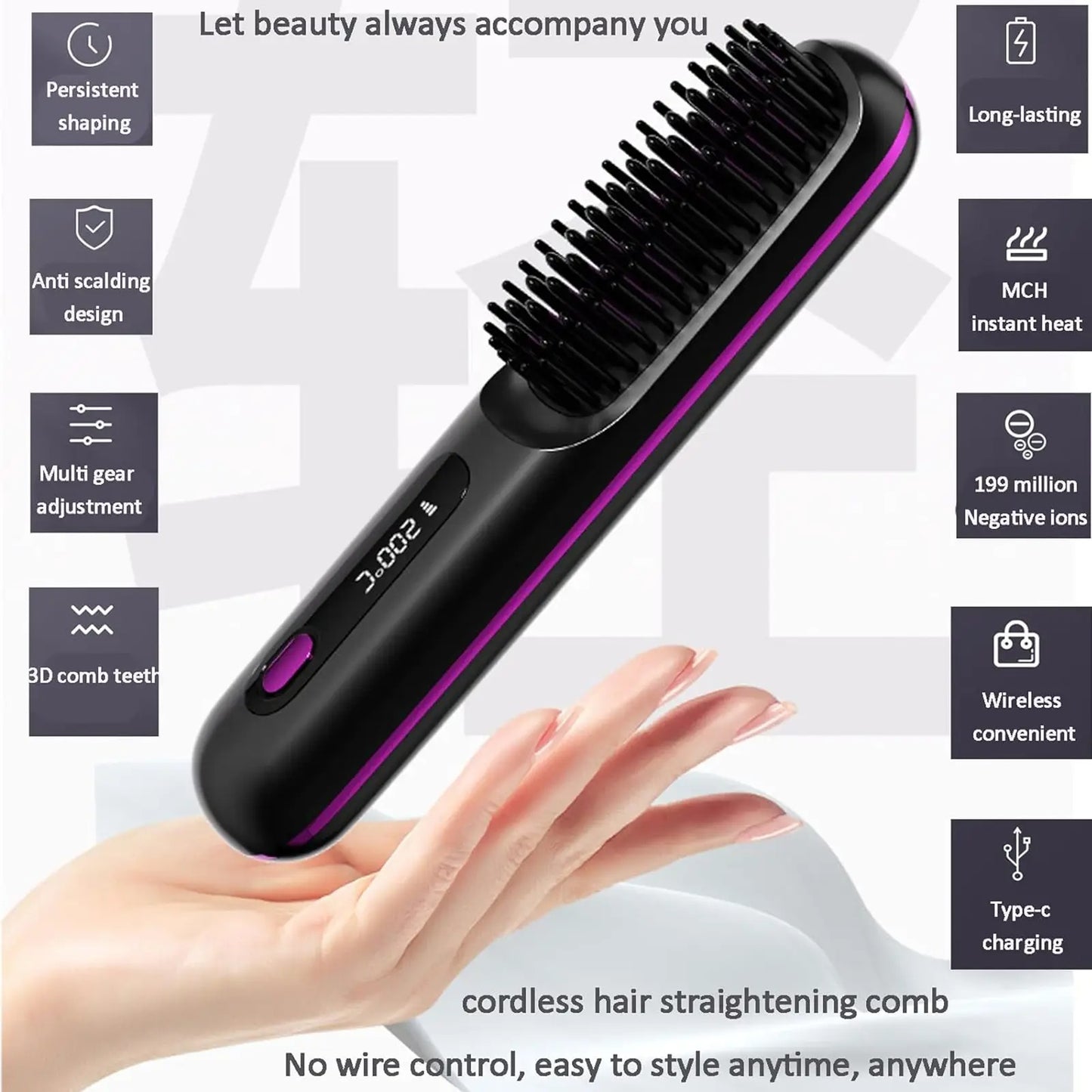 Portable Cordless Hair Straightening Brush With LED Display