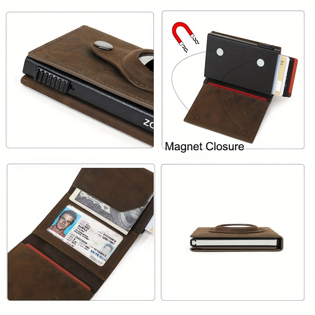 Men’s Tri-Fold Wallet with AirTag Card Slot – RFID Blocking Smart Pop-up Credit Card Holder