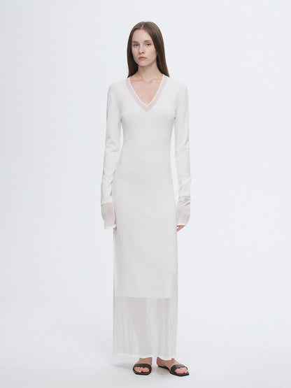 Virella Mesh‑Splice V‑Neck Dress