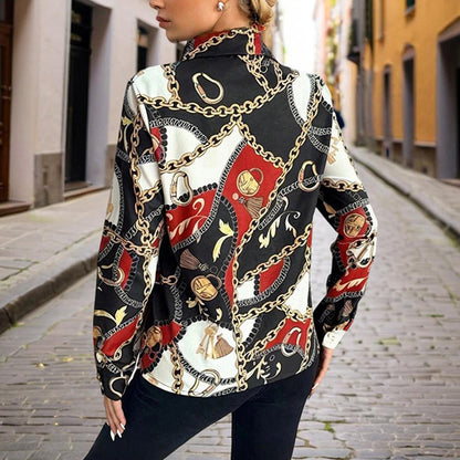 Women's Lapel Long Sleeve Shirt - Fitted Cut Intricate Print Button-Up Design Casual