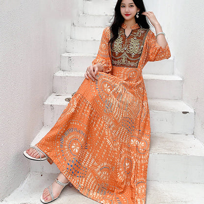 Ethnic Style Dress, Women's Summer Cotton Silk Floral Print