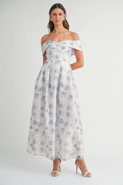 MABLE Floral Printed Off Shoulder Maxi Dress