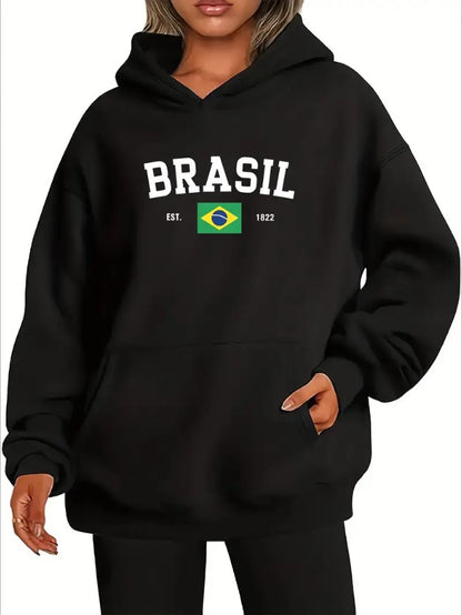 Brazil Flag Graphic Kangaroo Pocket Hoodie