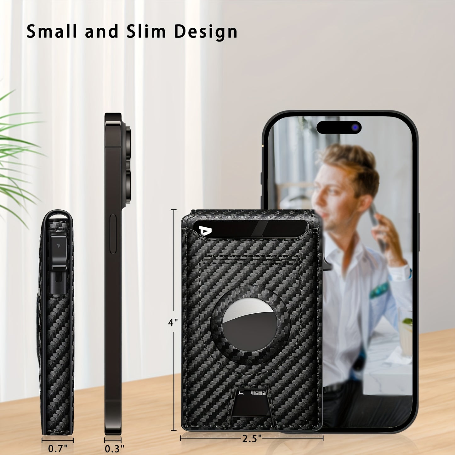 Men’s Carbon Fiber RFID Bi-Fold Wallet – Minimalist Black Credit Card Holder with Pop-Up Aluminum Slot & AirTag Holder
