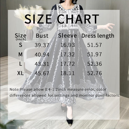 Women's Ethnic Style Floral Embroidered Dress, Elegant 3 4 Sleeve Swing Dress