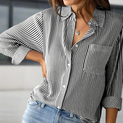 Women's Elegant Striped Long Sleeve Shirt - Pointed Lapel Collar With Chest Pocket