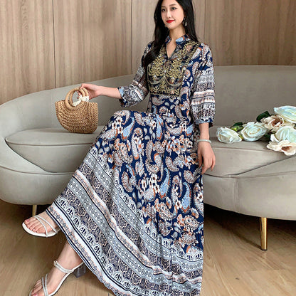 Ethnic Style Dress, Women's Summer Cotton Silk Floral Print