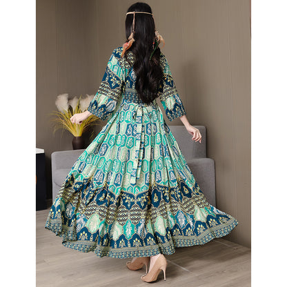 Women's Bohemian Print Maxi Dress, Ethnic Style Round Neck 3 4 Sleeve Embroidered Flowy Party Dress