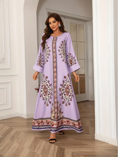 Elegant Floral Print Long Sleeve Abaya Dress