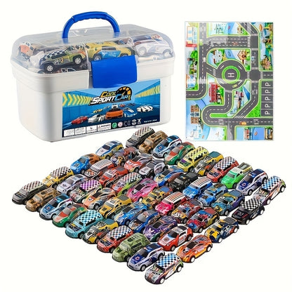 A 50-piece Alloy Toy Car Set With A Storage Box And A Foldable Play Mat, As Well As A Wide Variety Of Combinations, Perfect As An Educational And Entertaining Gift For Children Aged 3 And Up