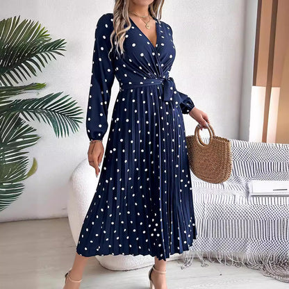 Spring Summer Elegant Long Dress Cross V-Neck Contrast Polka Dot Long Sleeve Pleated Bridesmaid Dresses