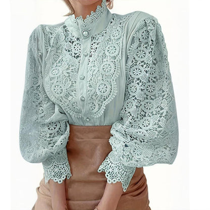 Elegant Women's Vintage Pearl Button Lace Blouse