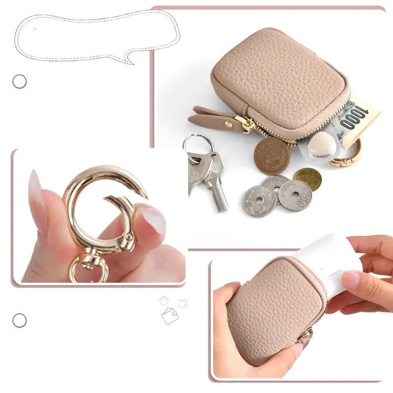 Women’s Leather Coin Purse – Mini Zipper Change Pouch Keychain Wallet