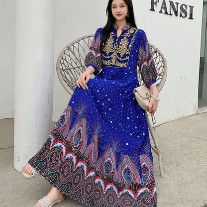 Ethnic Style Dress, Women's Summer Cotton Silk Floral Print