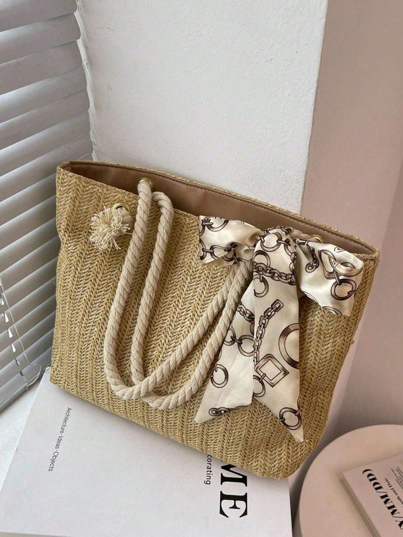 Women’s Large-Capacity Tote Bag – Straw Casual One-Shoulder Underarm Handbag