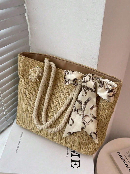 Women’s Large-Capacity Tote Bag – Straw Casual One-Shoulder Underarm Handbag
