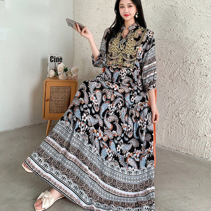 Ethnic Style Dress, Women's Summer Cotton Silk Floral Print