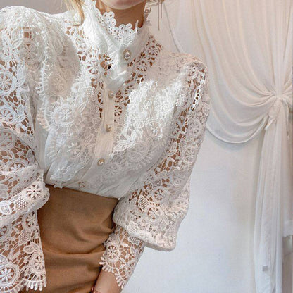 Elegant Women's Vintage Pearl Button Lace Blouse