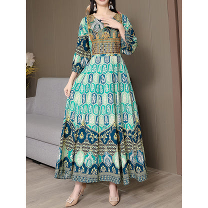 Women's Bohemian Print Maxi Dress, Ethnic Style Round Neck 3 4 Sleeve Embroidered Flowy Party Dress
