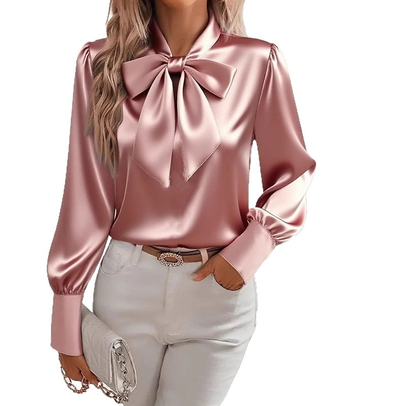 Women's Solid Color Satin Long Sleeve Casual Shirt With Bow Decor Blouse