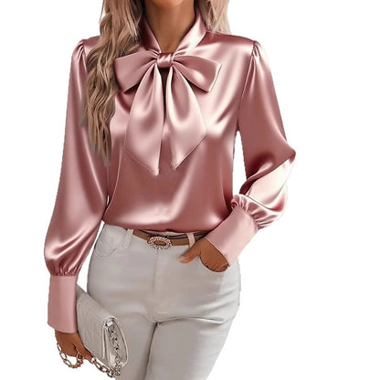 Women's Solid Color Satin Long Sleeve Casual Shirt With Bow Decor Blouse